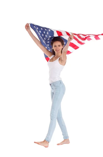 Bandera de los Estados Unidos de América en manos de una mujer hermosa. Es — Foto de Stock