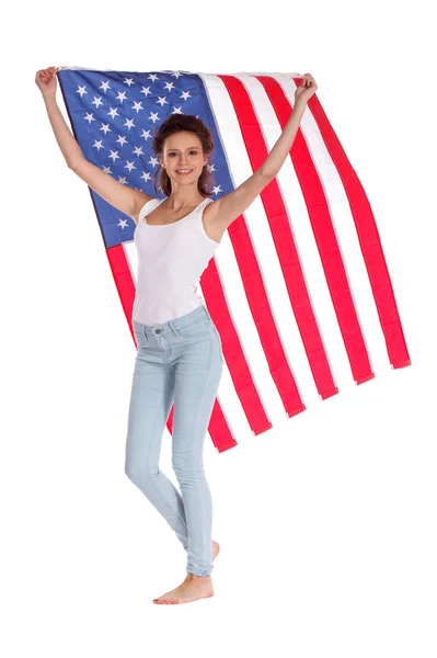 Bandera de los Estados Unidos de América en manos de una mujer hermosa. Es — Foto de Stock