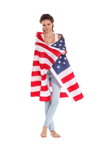 Amerikai Egyesült Államok zászlaja gyönyörű nő kezében. Van — Stock Fotó
