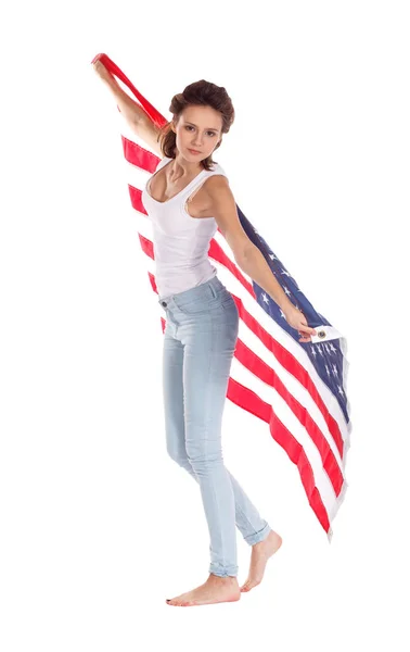 Drapeau des États-Unis d'Amérique entre les mains d'une belle femme. Est — Photo