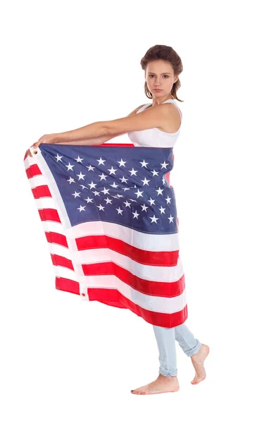Flag of United States of America in hands of beautiful woman. Is — Stock Photo, Image