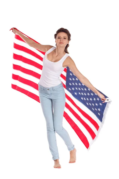 Bandera de los Estados Unidos de América en manos de una mujer hermosa. Es — Foto de Stock