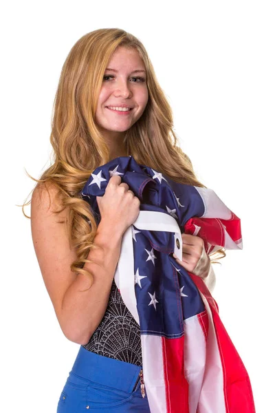 Beautiful student with Flag of United States of America — Stock Photo, Image