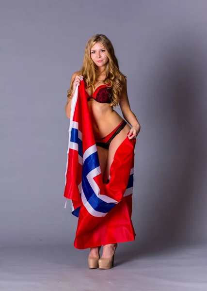 ノルウェーの旗で美しい少女. — ストック写真