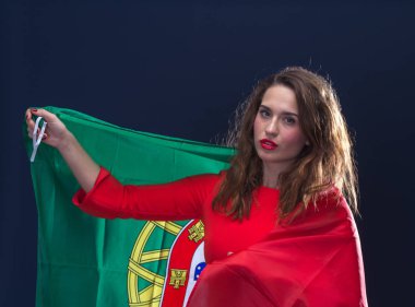 Beautiful woman with Flag of Portugal. clipart