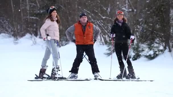 Молодые близнецы и взрослый мужчина с лыжами, стоящими на холме — стоковое видео