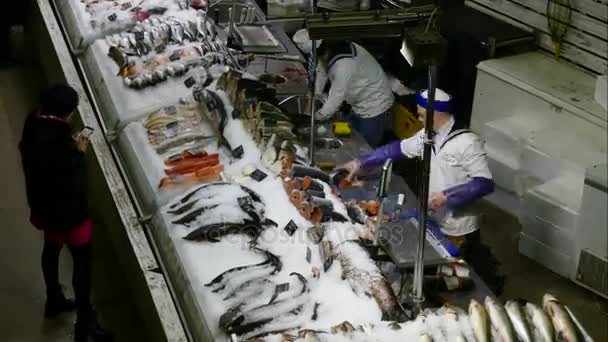 新鲜的生鲑鱼在 Danilovsky 市场柜台上. — 图库视频影像
