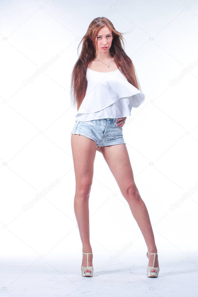 young woman in blue short