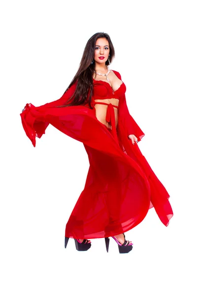 Χορεύτρια στο κόκκινο μπουρνούζι. Χορευτής στο κόκκινο μπουρνούζι. — Φωτογραφία Αρχείου