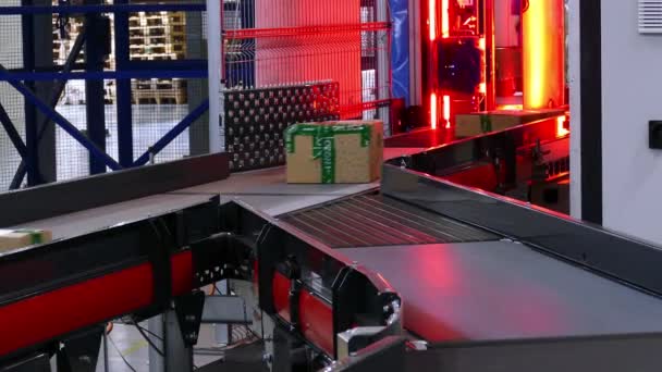 Nueva empresa Ozon Transportadores con escáner de código de barras para paquete en él — Vídeos de Stock