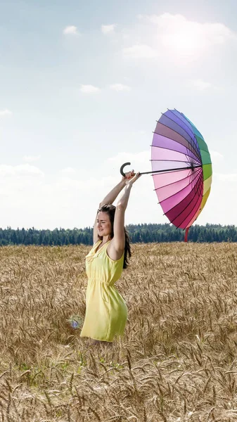 Vrouw met paraplu in het veld — Stockfoto