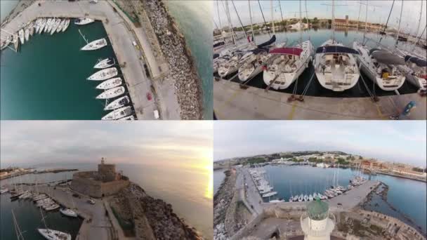 2014年5月13日 飞越海港门和灯塔 尼古拉斯在希腊罗兹 竖立在那里可能是著名的罗德的巨人曾经站在 — 图库视频影像