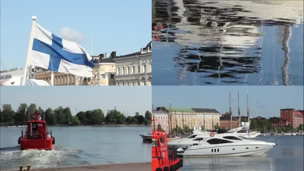 Bandera de Finlandia ondeando sobre el fondo de la ciudad — Vídeo de stock