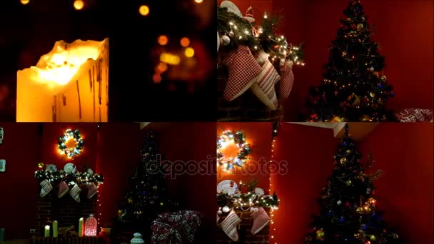 Interior de Navidad, calcetines de Santa en el fondo del árbol de año nuevo — Vídeo de stock