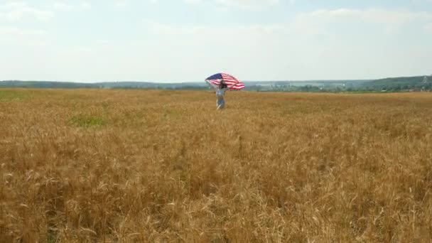 Menina de beleza correndo no campo de trigo amarelo com bandeira nacional dos EUA. Mulher feliz ao ar livre. Colheita — Vídeo de Stock