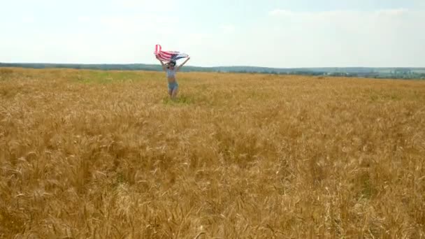 Krásy dívka běží na žluté pšeničné pole s námi státní vlajka. Šťastná žena venku. Sklizeň — Stock video