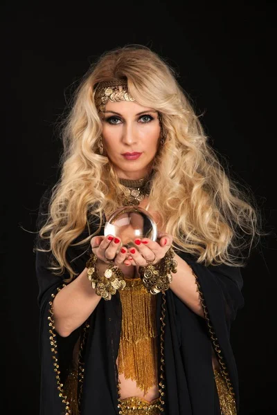 Crystal ball and fortune teller hands. — Stock Photo, Image