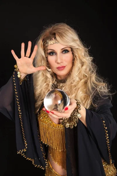 Crystal ball and fortune teller hands. — Stock Photo, Image