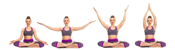 Women who do yoga perform sitting on the floor. Lotus pose. — Stock Photo, Image