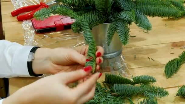 手のワーク ショップは 新年の花束を作られました クリスマス毛皮ツリー装飾 — ストック動画