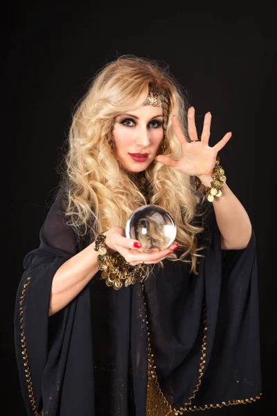 Crystal Ball Attractive Blond Fortune Teller Hands — Stock Photo, Image