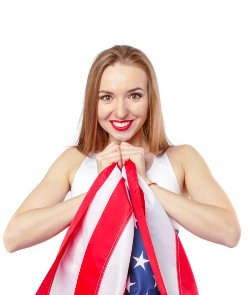 Chica rubia bonita con bandera de EE.UU. . — Foto de Stock