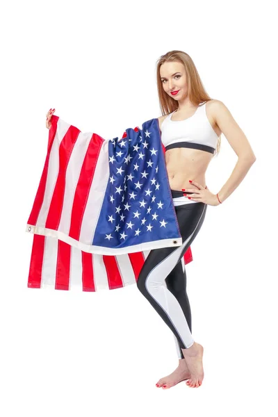 Pretty blond girl with USA flag. — Stock Photo, Image