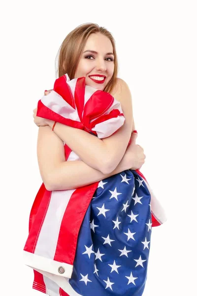 Chica rubia bonita con bandera de EE.UU. . — Foto de Stock