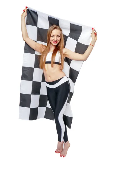 Woman is holding race checkerd flag. — Stock Photo, Image