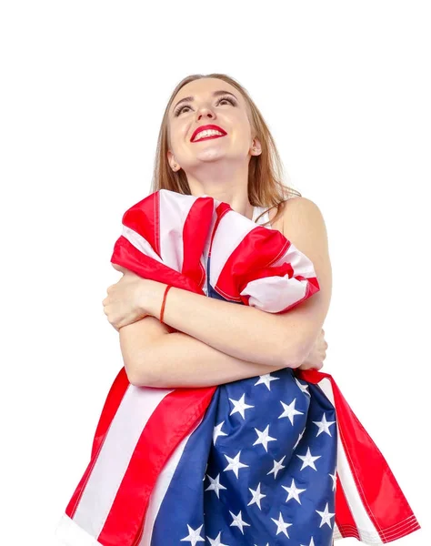 Söt blond flicka med Usa flagga. — Stockfoto