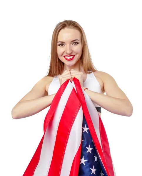 Chica rubia bonita con bandera de EE.UU. . — Foto de Stock