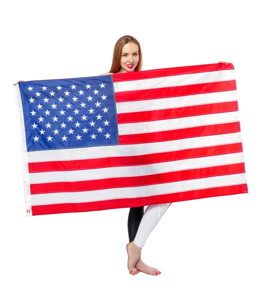 A csinos szőke lány Usa zászló. — Stock Fotó