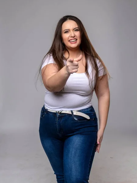 Portrait of funny plus size women with long hair in white t-shir — Stock Photo, Image
