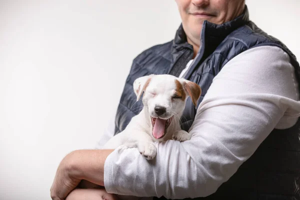 Man houdt een puppy in zijn handen — Stockfoto