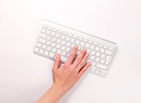 Dactylographie femle main sur clavier sur blanc — Photo