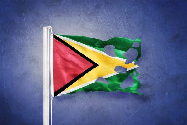 Roztržené vlajka Guyana letící pozadí grunge — Stock fotografie