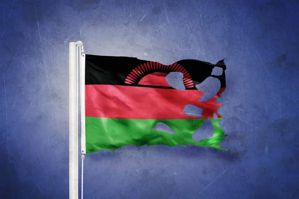 Roztržené vlajka Malawi letící pozadí grunge — Stock fotografie