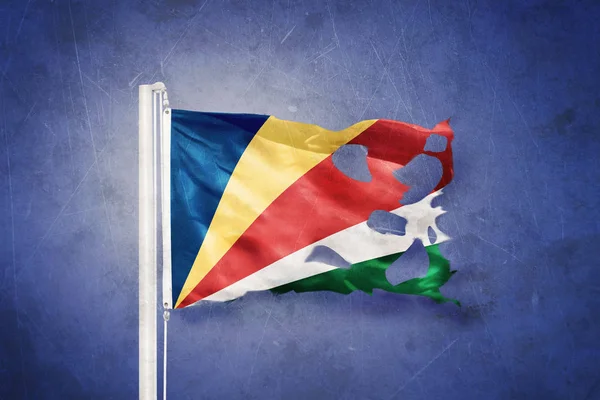 Torn flag of Seychelles flying against grunge background — Stock Photo, Image