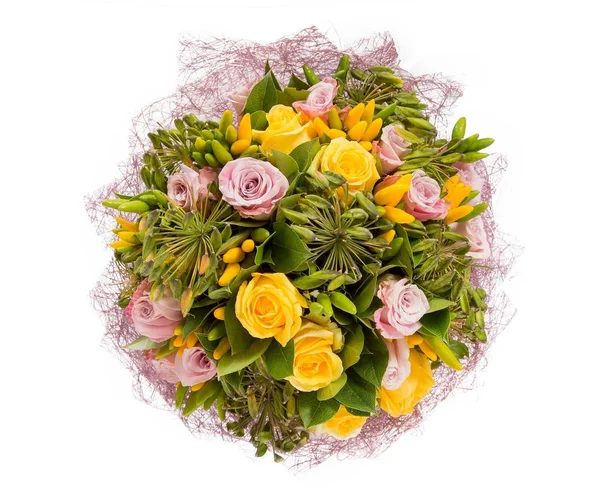 Bouquet of flowers top view on white background — Stok Foto