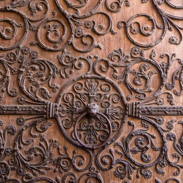 Oude houten deur met een metalen patroon close-up. De kathedraal Notre-Dame de Paris — Stockfoto