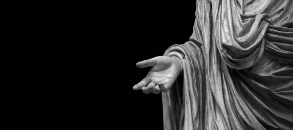 Man hand on antique tunic. Stone statue detail of human hand. Folds in the fabric. Copyspace for text — ストック写真