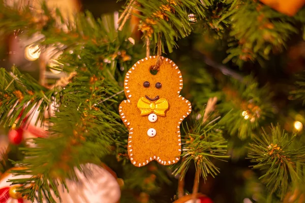 Weihnachten dekoriert mit Lebkuchen am Weihnachtsbaum, Feiertagshintergrund, frohe Weihnachten und ein gutes neues Jahr Konzept. Lebkuchen hängen als Weihnachtsdekoration an der grünen Tanne — Stockfoto