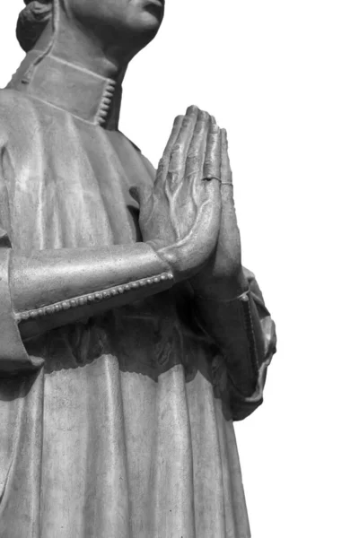 Orando mãos com fé na religião e crença em Deus no fundo branco. Estátua do homem antigo isolado em branco. Poder de esperança ou amor e devoção — Fotografia de Stock