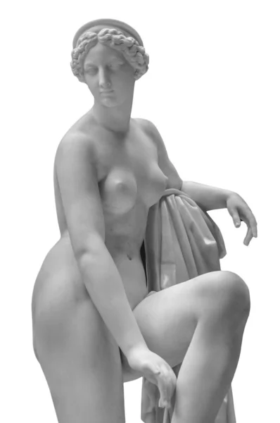 Cabeça de escultura de mármore branco de mulher jovem. Estátua da sensual renascimento arte era mulher nua em estilo antigo circlet isolado no fundo branco — Fotografia de Stock