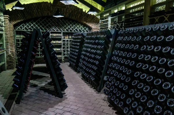 Cave à vin avec bouteilles de vin. Les vieilles bouteilles de vin couvertes de poussière et de toiles d'araignée sont dans la cave à vin de la cave. Stockage de boissons alcoolisées vintage — Photo