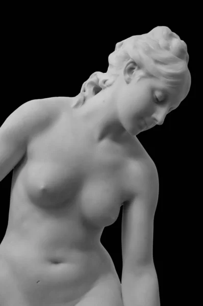 Vit marmor skulptur huvud ung kvinna. Staty av sensuell renässans konst era naken kvinna i cirkel antik stil isolerad på svart bakgrund — Stockfoto