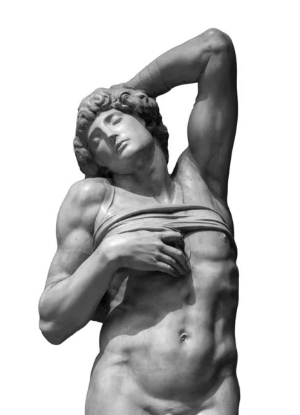 Antigua estatua de un hombre sufriente aislado en blanco. Escultura símbolo de la muerte —  Fotos de Stock