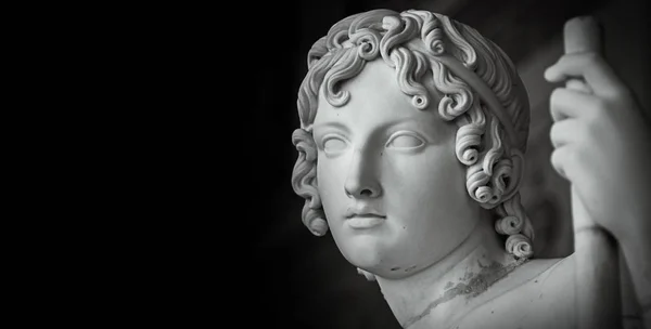 Vit gips byst porträtt skulptur mot en mörk bakgrund med copyspace, head view. Huvud och axlar detalj av sten antika klassisk staty. Närbild ansikte gröda isolerad på svart — Stockfoto