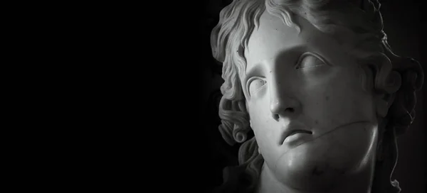 Biały tynk popiersie portret rzeźba na ciemnym tle z copyspace, widok na głowę. Głowa i ramiona detal kamienny klasyczny posąg. Zbliżenie upraw twarzy izolowanych na czarno — Zdjęcie stockowe