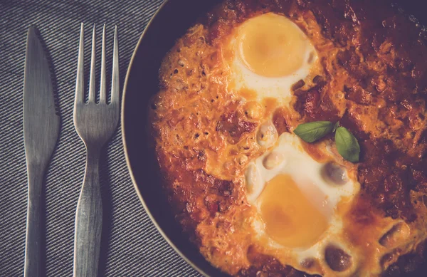 Shakshuka Ein Eiergericht Gebraten Tomaten Paprika Und Zwiebeln — Stockfoto